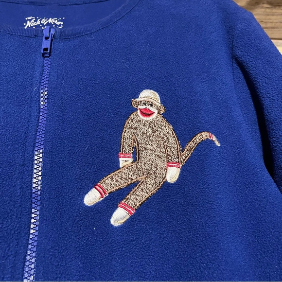 Nick & Nora Sock Monkey Footed Pjs Pajamas M Sleepwear Royal Blue Fleece Pocket - Picture 3 of 12